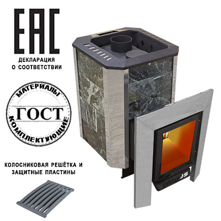 Печь Пегас 22 чугун со стеклом в камне змеевик