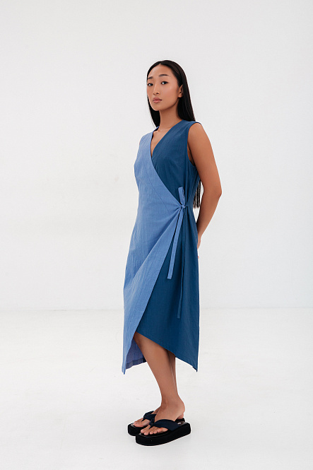 Платье на запах, цвет сине-голубой, Хлопок 100%, р-р L-XL