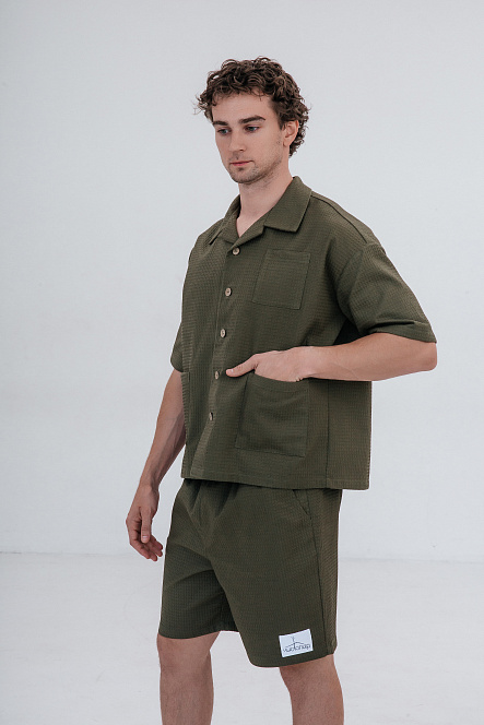 Рубашка мужская, цвет зеленый, Вафля Хлопок 100%, р-р M-L