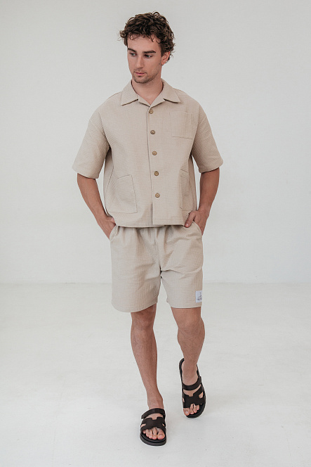 Рубашка мужская, цвет бежевый, Вафля Хлопок 100%, р-р M-L