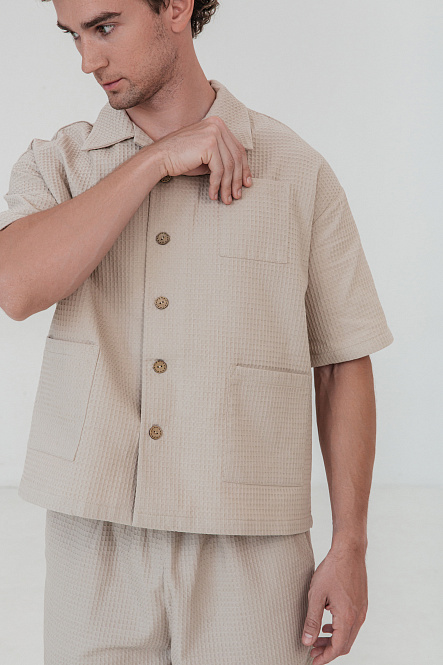 Рубашка мужская, цвет бежевый, Вафля Хлопок 100%, р-р XL-XXL