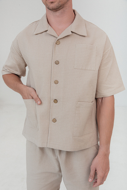 Рубашка мужская, цвет бежевый, Вафля Хлопок 100%, р-р XL-XXL