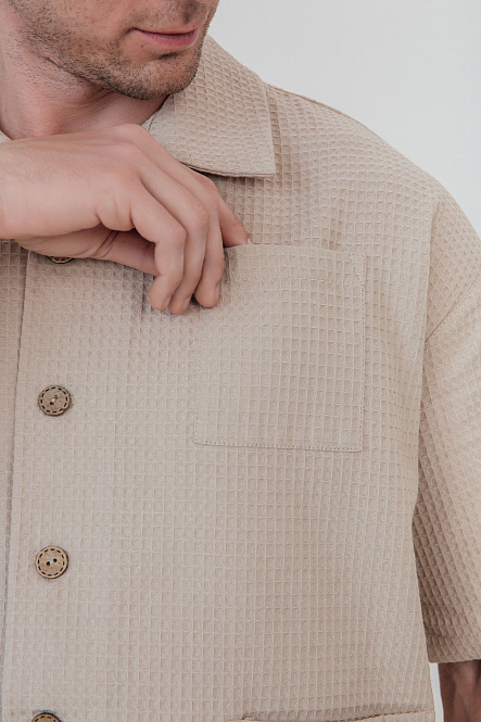 Рубашка мужская, цвет бежевый, Вафля Хлопок 100%, р-р XL-XXL