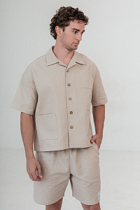 Рубашка мужская, цвет бежевый, Вафля Хлопок 100%, р-р XL-XXL